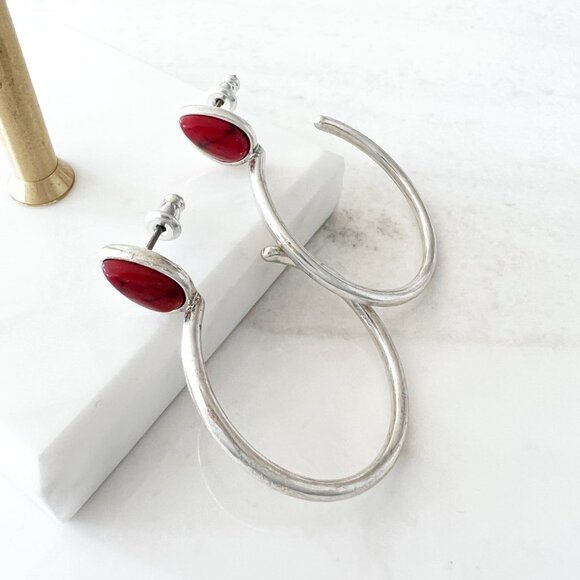 Lucky Brand Silver Tone Red Stone Hoop Earrings - Picture 2 of 3
